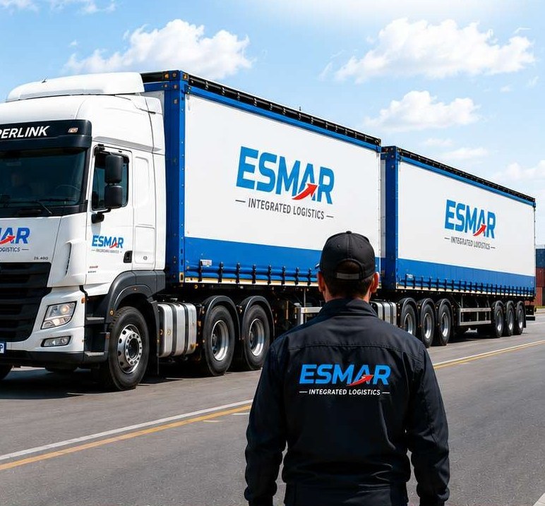 Esmar-branded tautliner trucks with curtain-side trailers